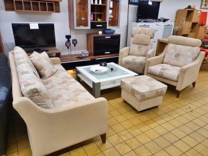 Sitzgarnitur Sofa 3Sitzer 2 Sessel Hocker Stoff hell